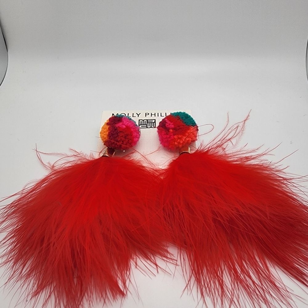 NWT Molly Phillips Multicolored Pom Pom & Red Feather Earrings - Picture 3 of 4